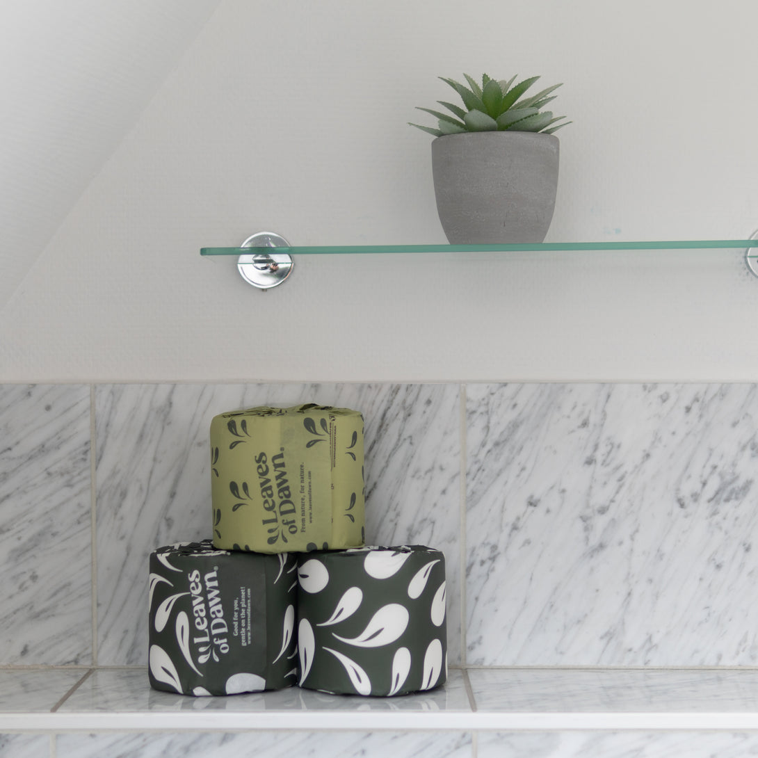 Leaves of Dawn premium 4-ply bamboo toilet paper rolls on a shelf in a modern bathroom, showing they trasnform every bathroom with they style.